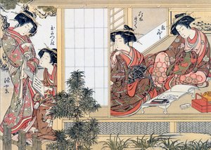 Japán nők olvasnak és írnak (színes fametszet)